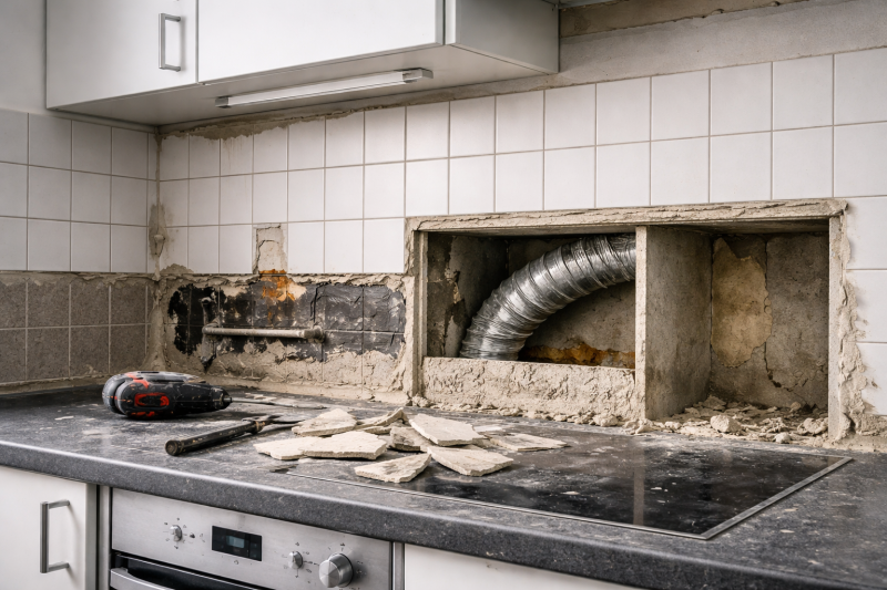 cuisine ancienne en rénovation avec carrelage déposé + coffrage ouvert