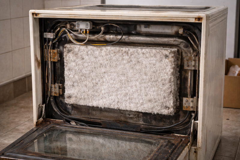 plaque isolante fibreuse située à l’arrière d'un four ancien pouvant contenir de l'amiante