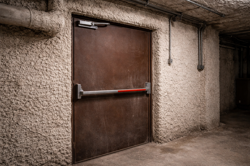 sous-sol ancien avec une porte coupe-feu métallique potentiellement amiantée