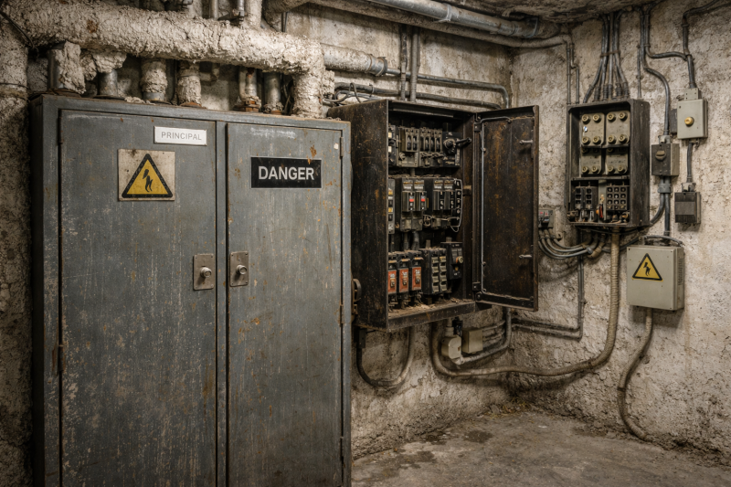 local technique en sous-sol avec des installations électriques anciennes typiques des bâtiments d’avant 1997